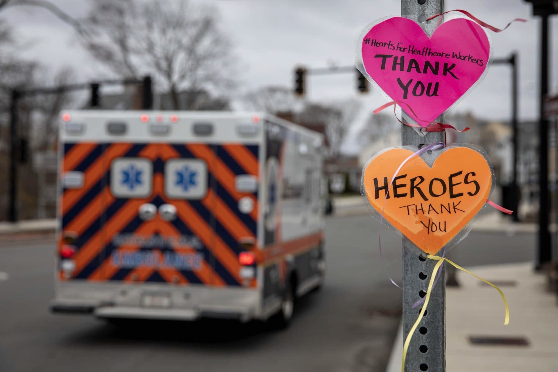 April 2: A message left on a street signpost by the Melrose Wakefield Hospital. (Robin Lubbock/WBUR)