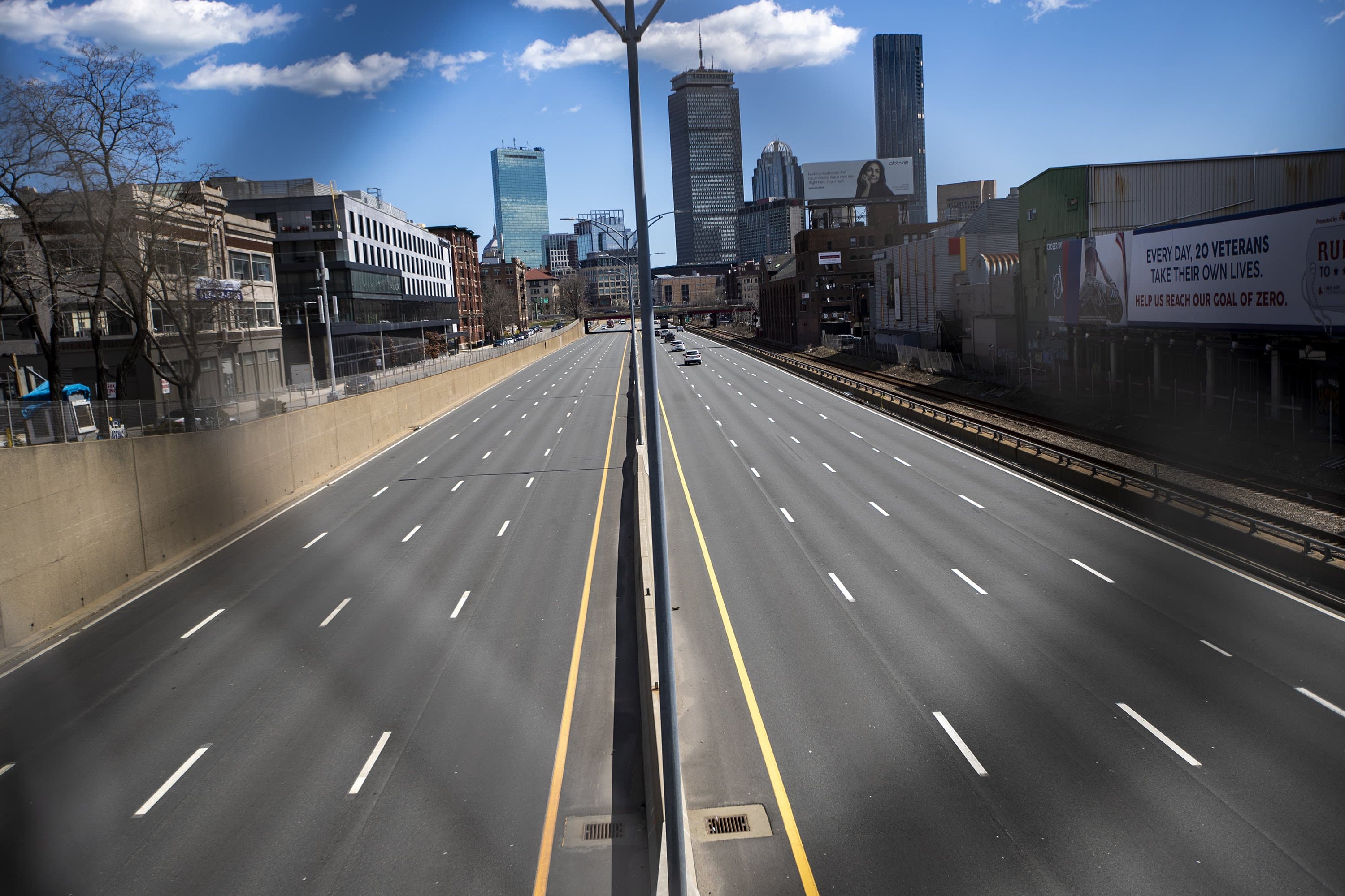 With many residents limiting travel due to the coronavirus pandemic, the number of highway trips in Massachusetts has plummeted. (Jesse Costa/WBUR)