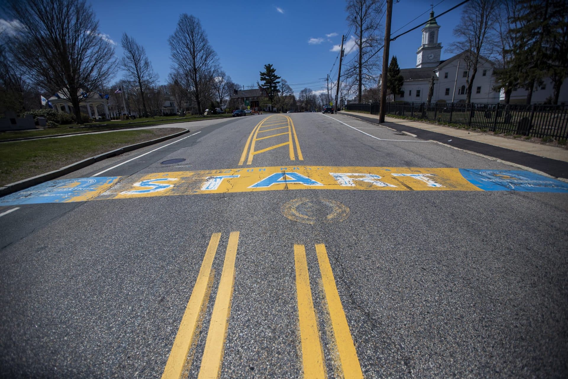 April 17: Normally on the Friday before the Boston Marathon, there would be a lot of setting up, vendors and a police presence in Hopkinton. (Jesse Costa/WBUR)