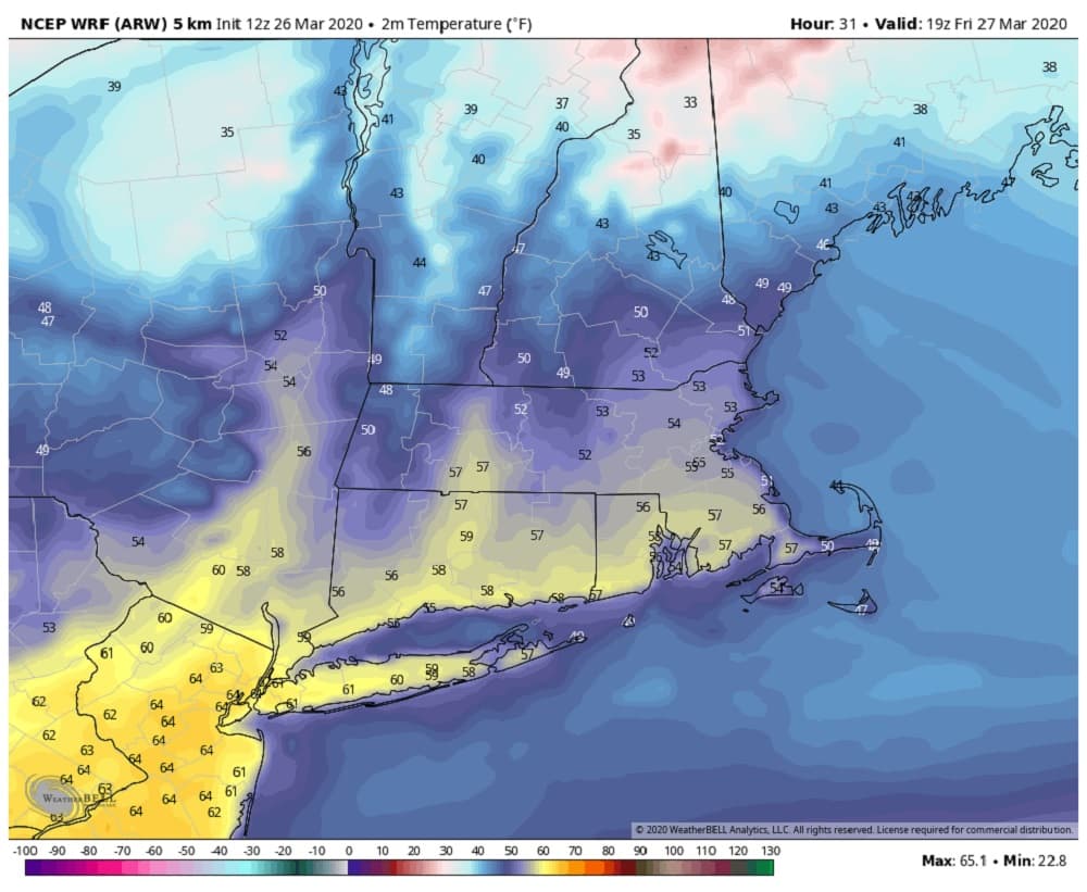 Highs between 55 and 60 will be common this afternoon. (Courtesy WeatherBell)Highs between 55 and 60 will be common this afternoon. (Courtesy WeatherBell)