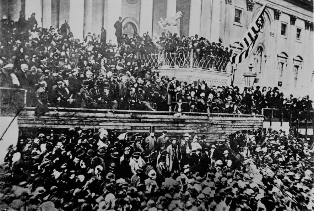 A scene in front of the East front of the U.S. Capitol is seen during President Abraham Lincoln's second inauguration, 1865, just six weeks before his assassination. (AP Photo/File)