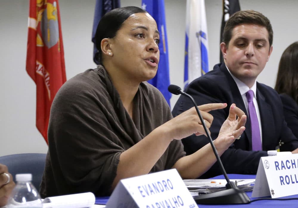 Suffolk County District Attorney Democratic candidate Rachael Rollins, left, takes questions directly from inmates during a forum at the Suffolk County House of Correction at South Bay, in Boston. (Steven Senne/AP)