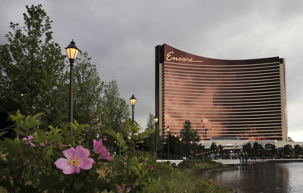 Beach Plum flowers bloom along the banks of the Mystic River in front of the Encore Boston Harbor casino in Everett, Mass., Friday, June 21, 2019. (Charles Krupa/AP)
