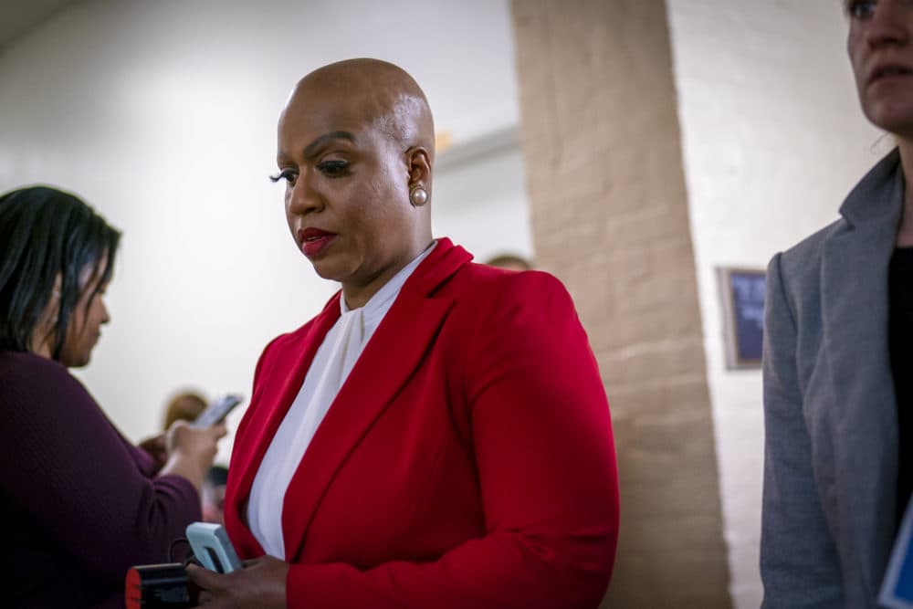 Rep. Ayanna Pressley, D-Mass., and other House Democrats arrive to meet with Speaker of the House Nancy Pelosi, D-Calif., who is moving swiftly toward House passage of a coronavirus aid package possibly this week, on Capitol Hill in Washington, Wednesday, March 11, 2020. (J. Scott Applewhite/AP)