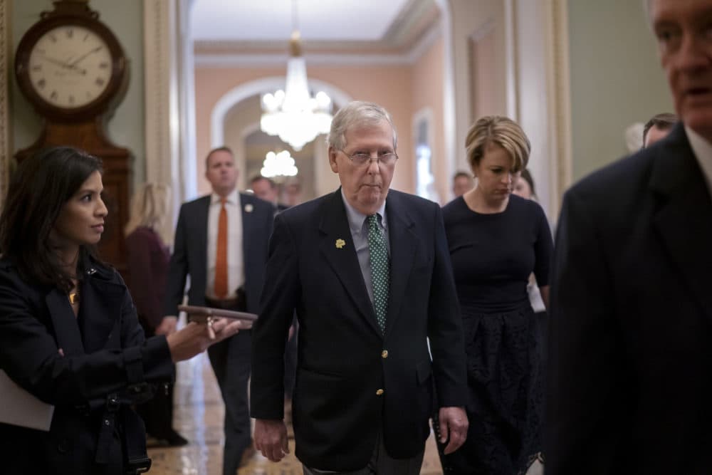 Senate Majority Leader Mitch McConnell, R-Ky., walks to the chamber after announcing he has canceled the Senate recess next week, at the Capitol in Washington, Thursday, March 12, 2020. (J. Scott Applewhite/AP)