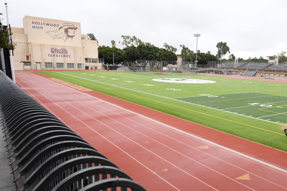 The athletic field is empty at Hollywood High School in the Hollywood section of Los Angeles.(Mark J. Terrill/AP)