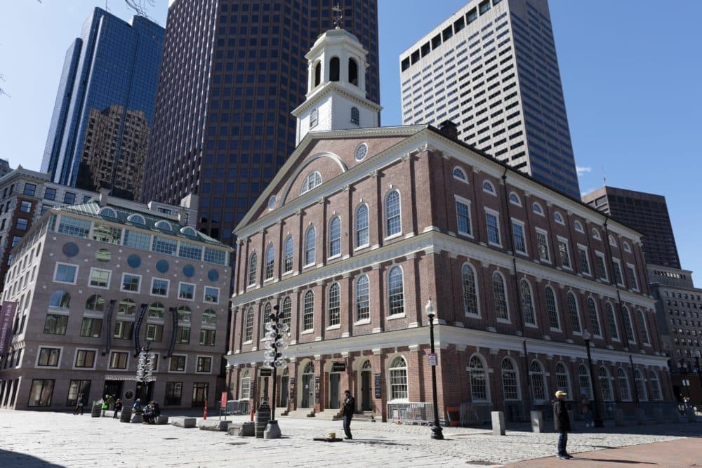 The plaza is empty in front of Faneuil Hall in Boston on Saturday, March, 14, 2020 after Gov. Charlie Baker issued an emergency order banning most gatherings of more than 250 people to help prevent the spread of COVID-19 coronavirus.  (Michael Dwyer/AP)