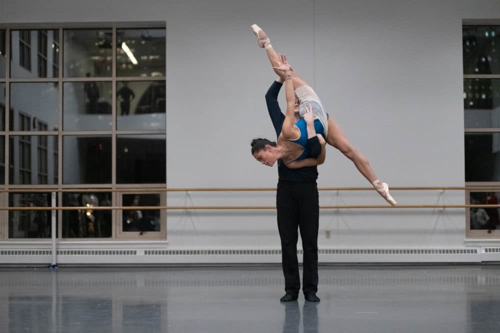 Dancers Lia Cirio and Paul Craig rehearse one of Helen Pickett's ballets. (Courtesy Brooke Trisolini/Boston Ballet)