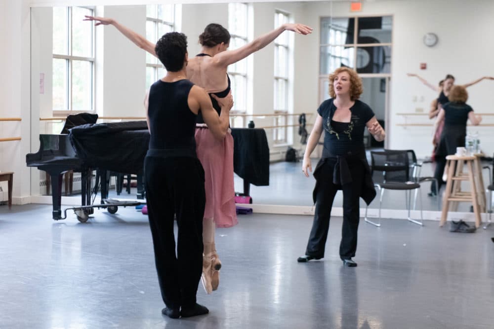 Helen Pickett (right) with dancers Viktorina Kapitonova and Tigran Mkrtchyan. (Courtesy Brooke Trisolini/Boston Ballet)