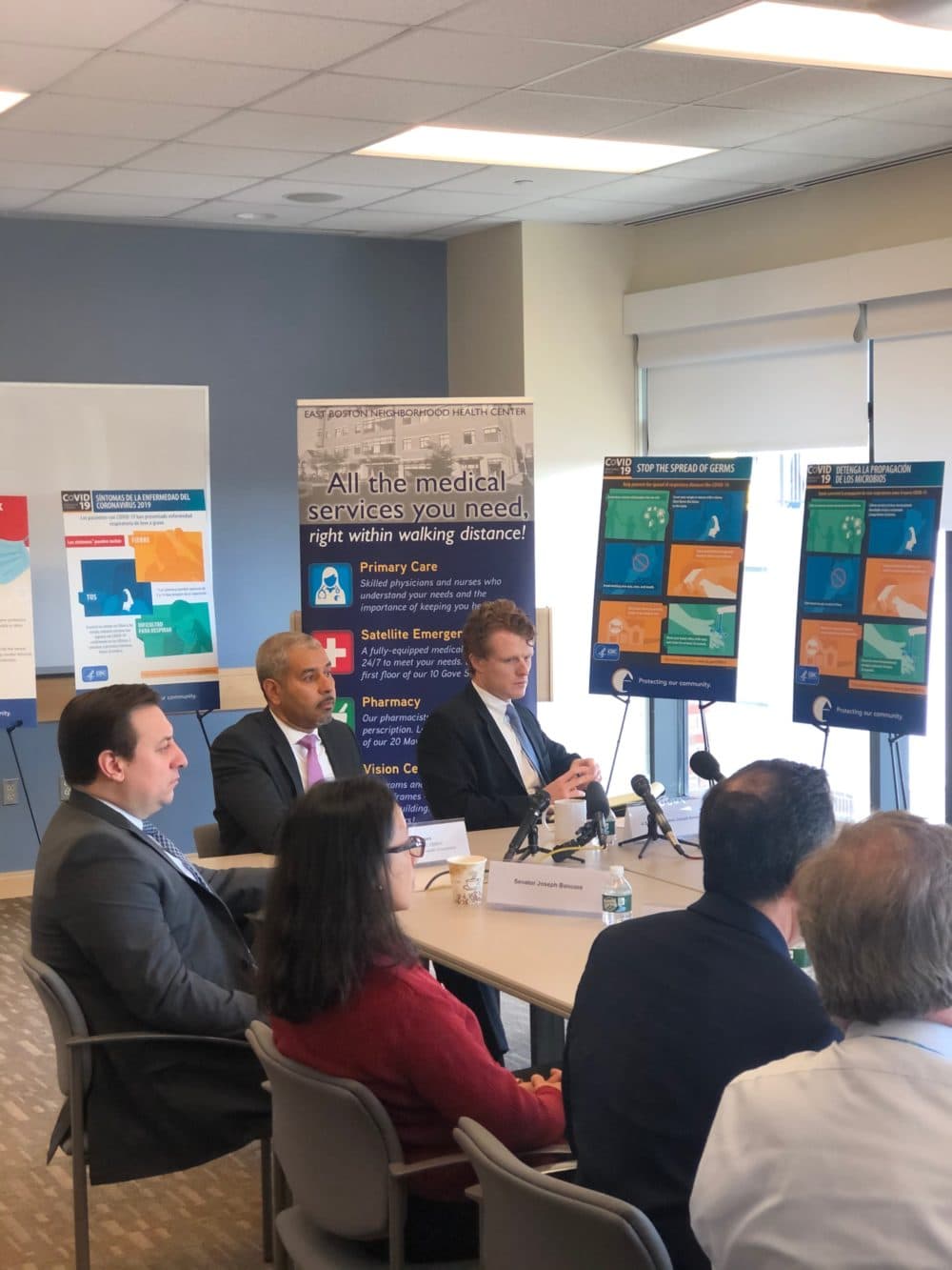 Rep. Kennedy (top right) meets with Manny Lopes, President & CEO, East Boston Neighborhood Health Center (EBNHC), State Senator Joseph Boncore and Dr. Monica Manandhar, an infectious disease physician of adult medicine at EBNHC. (Courtesy)