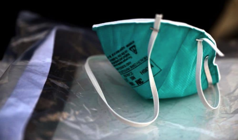 An N95 mask at Saint Francis Hospital & Medical Center on March 18, 2020. The hospital is hosting a drive-through COVID-19 testing center for patients in Hartford. (Joe Amon/Connecticut Public Radio)