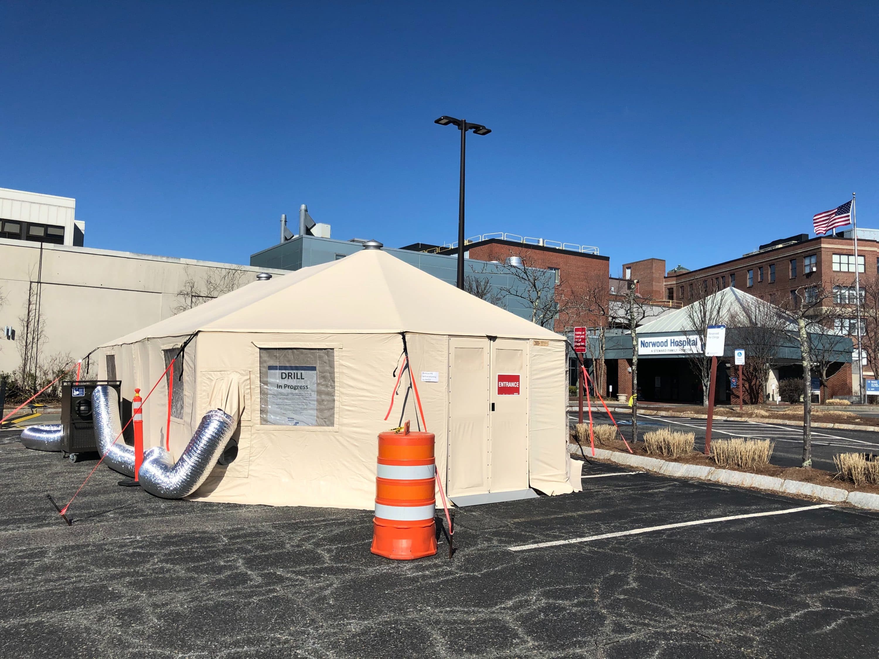 Norwood Hospital set up a medical tent outside of the emergency room set up a tent to test for the coronavirus. (Meagan McGinnes/WBUR)