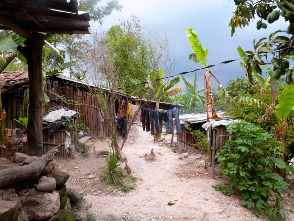 In rural Honduras up to 10 people may live in homes such as this one outside La Florida. Running water, indoor bathrooms are rare, and family members often share beds, making distancing almost impossible. (Karyn Miller-Medzon/Here & Now)