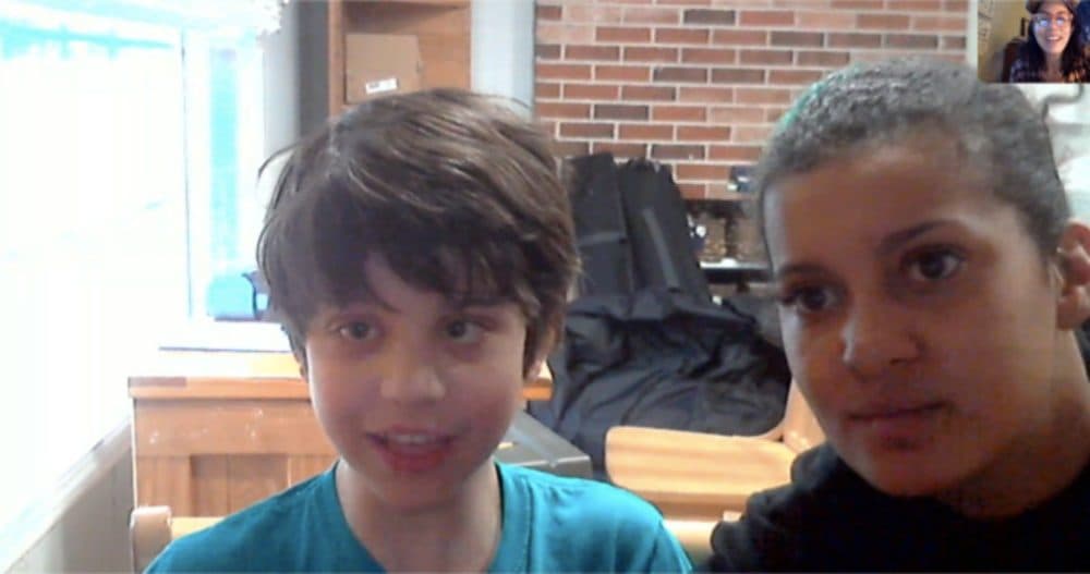 A screen shot of a March 2020 Skype call between the author and her son, Finn, who is sitting with his teacher, Taylor Bolitho. (Courtesy)
