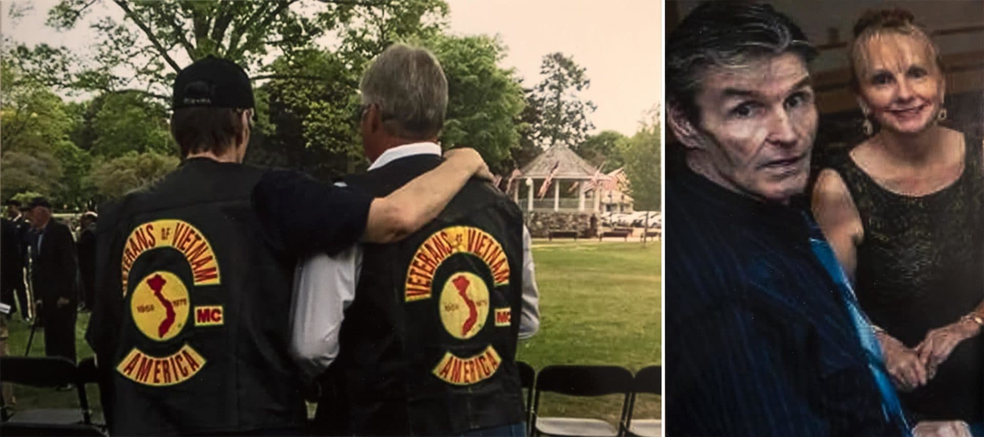 In this composite image, from left to right, Kevin Chamberlain embraces his brother, Joe Chamberlain. In the other image, Kevin is seen with his wife, Susan. (Courtesy Susan Chamberlain)