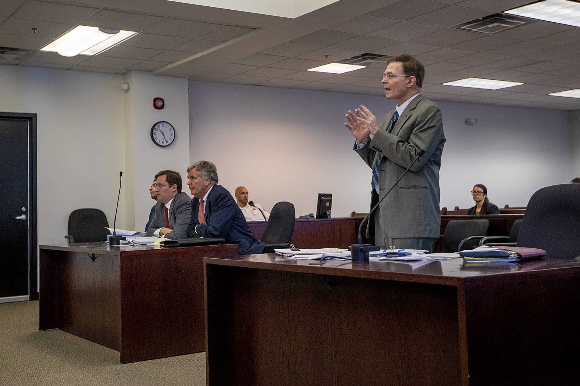 David Hass, right, argues in Middlesex Superior Court on behalf of Jimmy Davison's family. (Jesse Costa/WBUR)