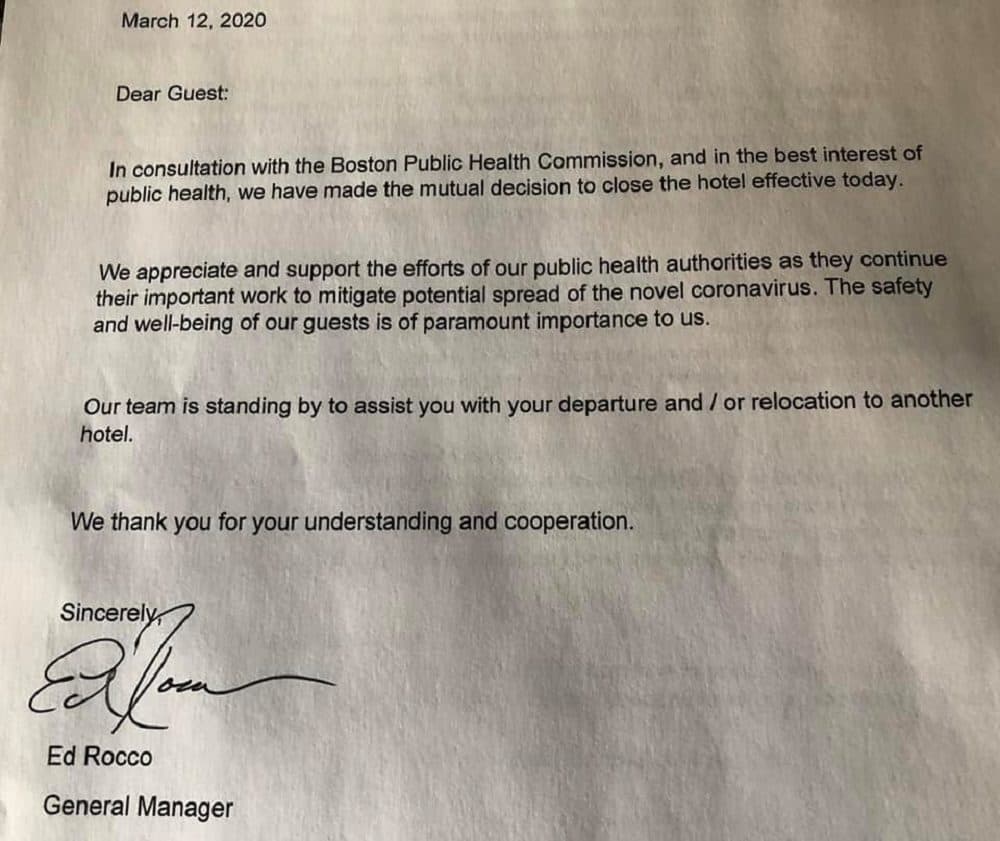 The Boston Marriott Long Wharf hotel notified guests in a March 12 letter that it will close temporarily. (Courtesy Colleen Turner Secino)