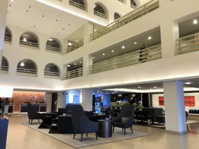 The lobby of the Boston Marriott Long Wharf hotel (Callum Borchers/WBUR)