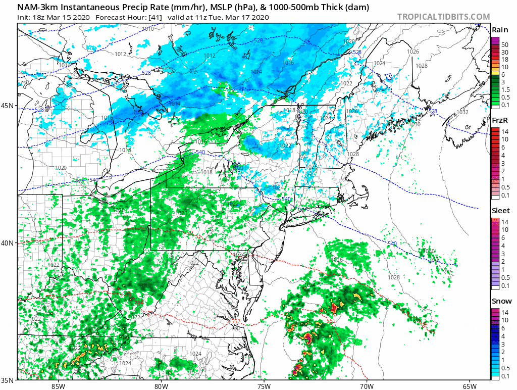 Showers are likely Tuesday, but may briefly start as snow far north and west. (Courtesy: Tropical Tidbits)