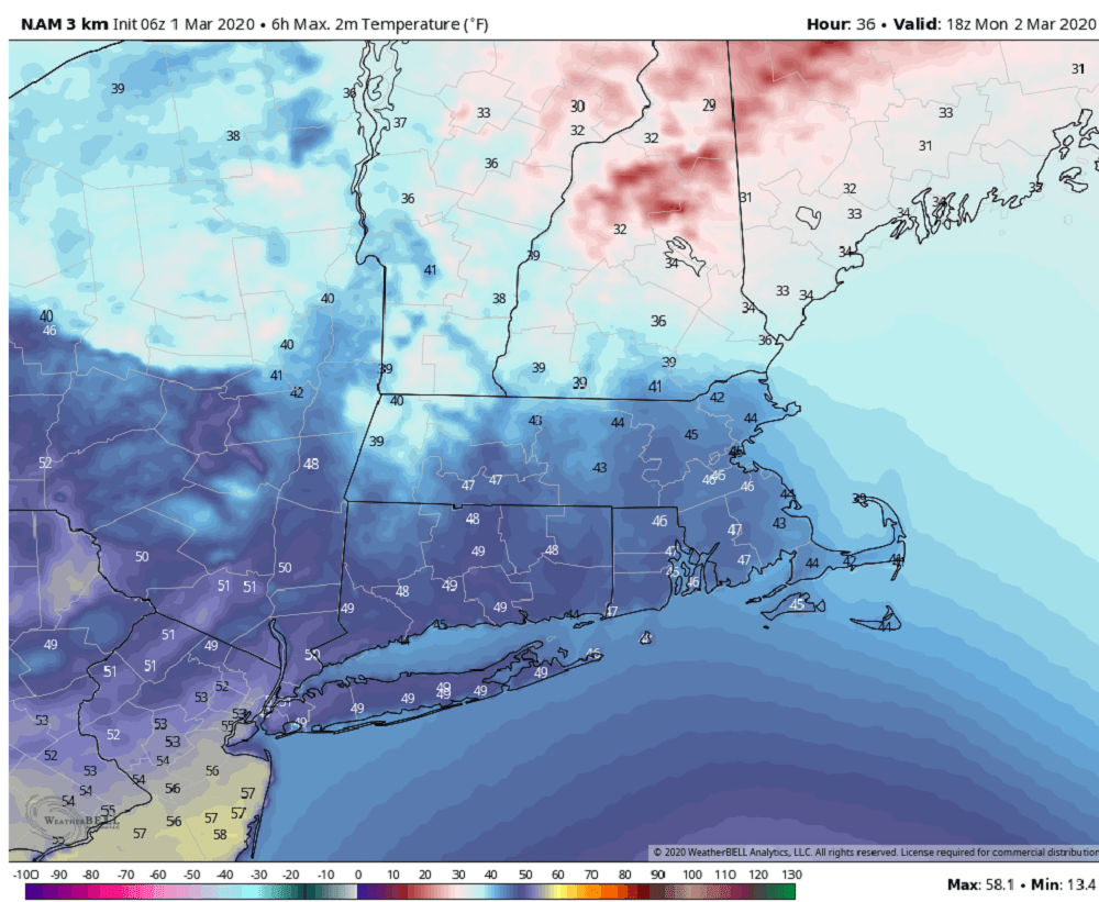 Mild readings take over this afternoon with highs nearing 50 degrees. (Courtesy WeatherBell)