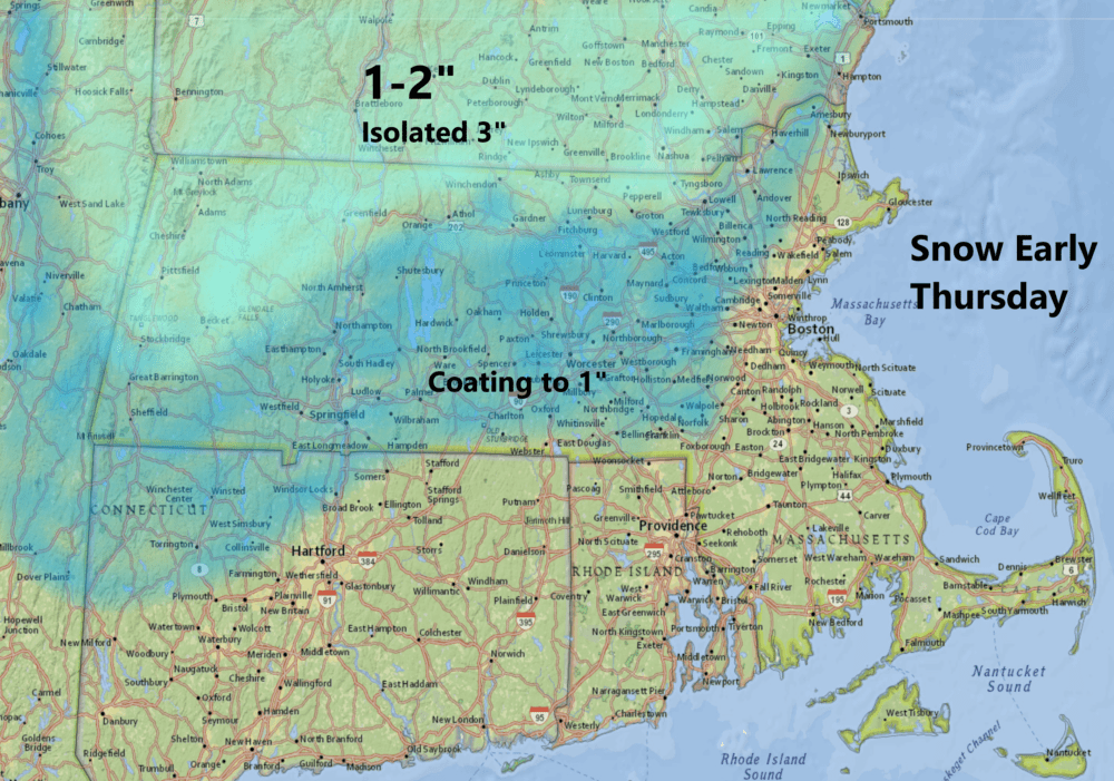 Northern most Massachusetts and southern New Hampshire could see a coating to a couple of inches of snow tomorrow morning. (Dave Epstein/WBUR)
