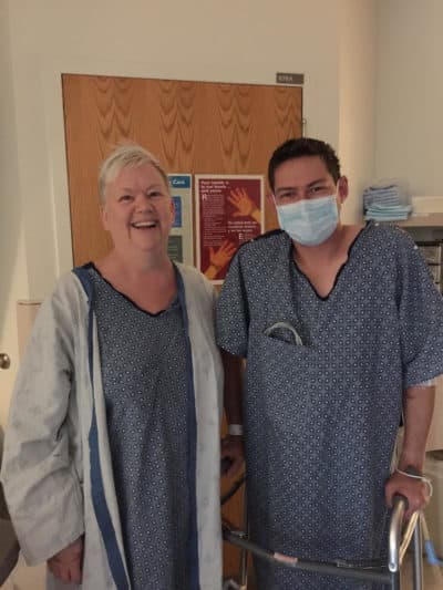Genevieve Hammond and Michael Romano at Massachusetts General Hospital in October 2018, after Genevieve donated one of her kidneys to Michael. (Courtesy Genevieve Hammond)