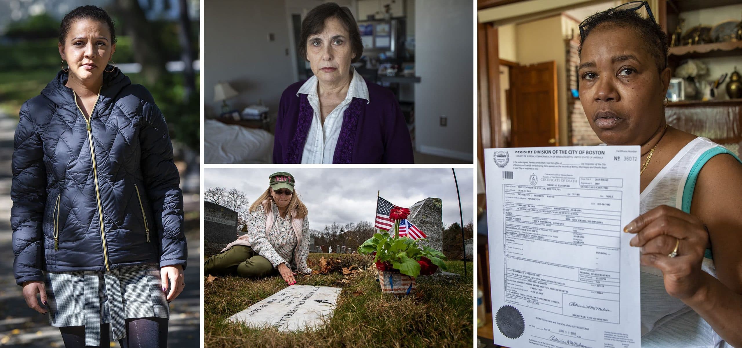 Family members of Massachusetts county jail inmates who died. (Clockwise from top left) Judith Tavarez, Ellen Shannon, Janice Pendleton and Susan Chamberlain. (Jesse Costa and Robin Lubbock/WBUR)
