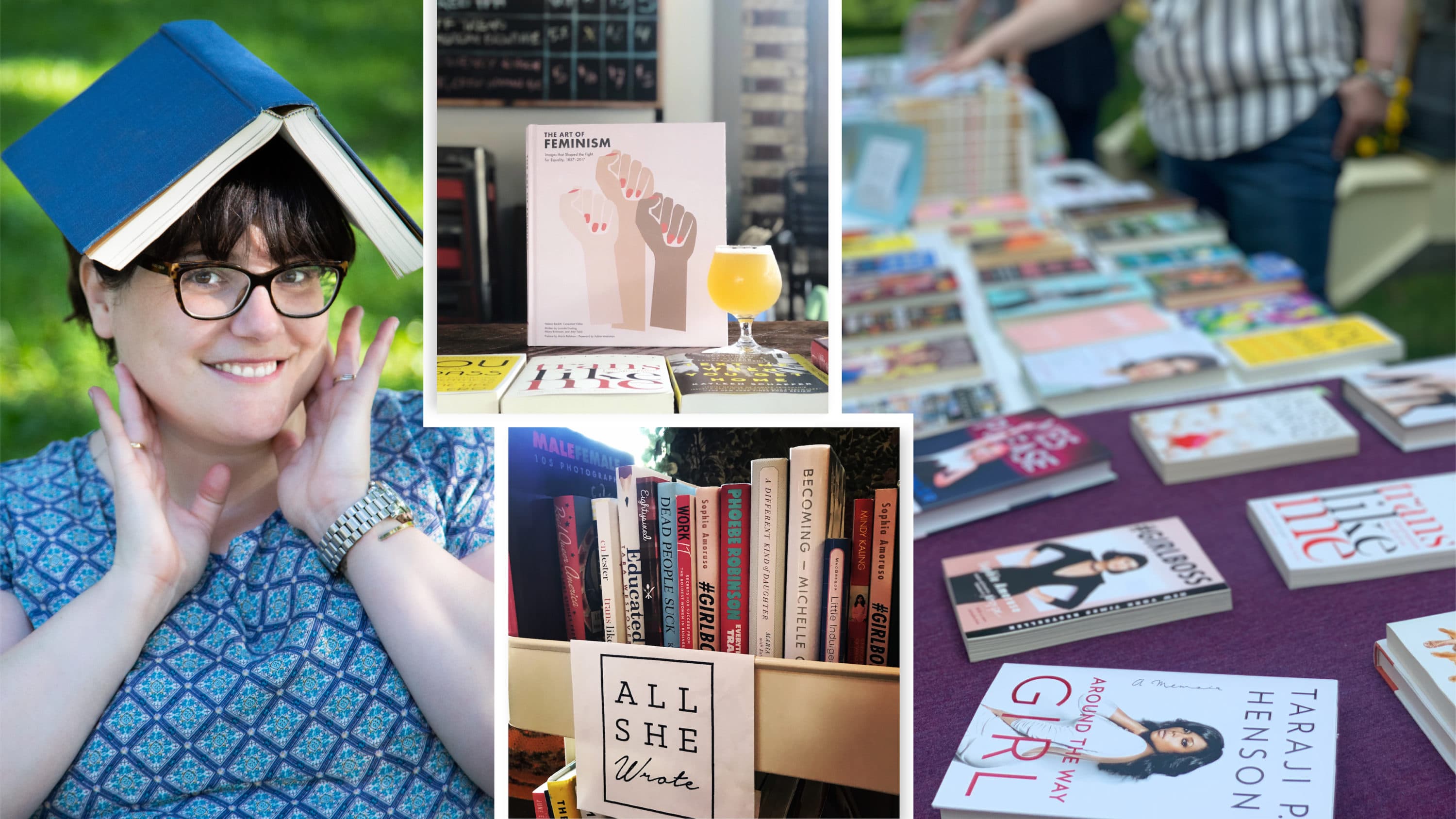 Christina Pascucci Ciampa (left), founder and owner of All She Wrote Books, with images from pop-up events she has hosted. (Courtesy Main Paige Media)