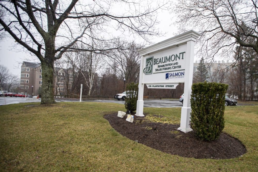 The Beaumont Rehabilitation and Skilled Nursing Center in Worcester is one of dozens of long-term care facilities reporting cases of COVID-19. (Jesse Costa/WBUR)