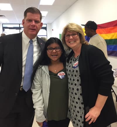 Karen LaFrazia, with her daughter, Deysi, and Boston Mayor Marty Walsh. (Courtesy of Karen LaFrazia)