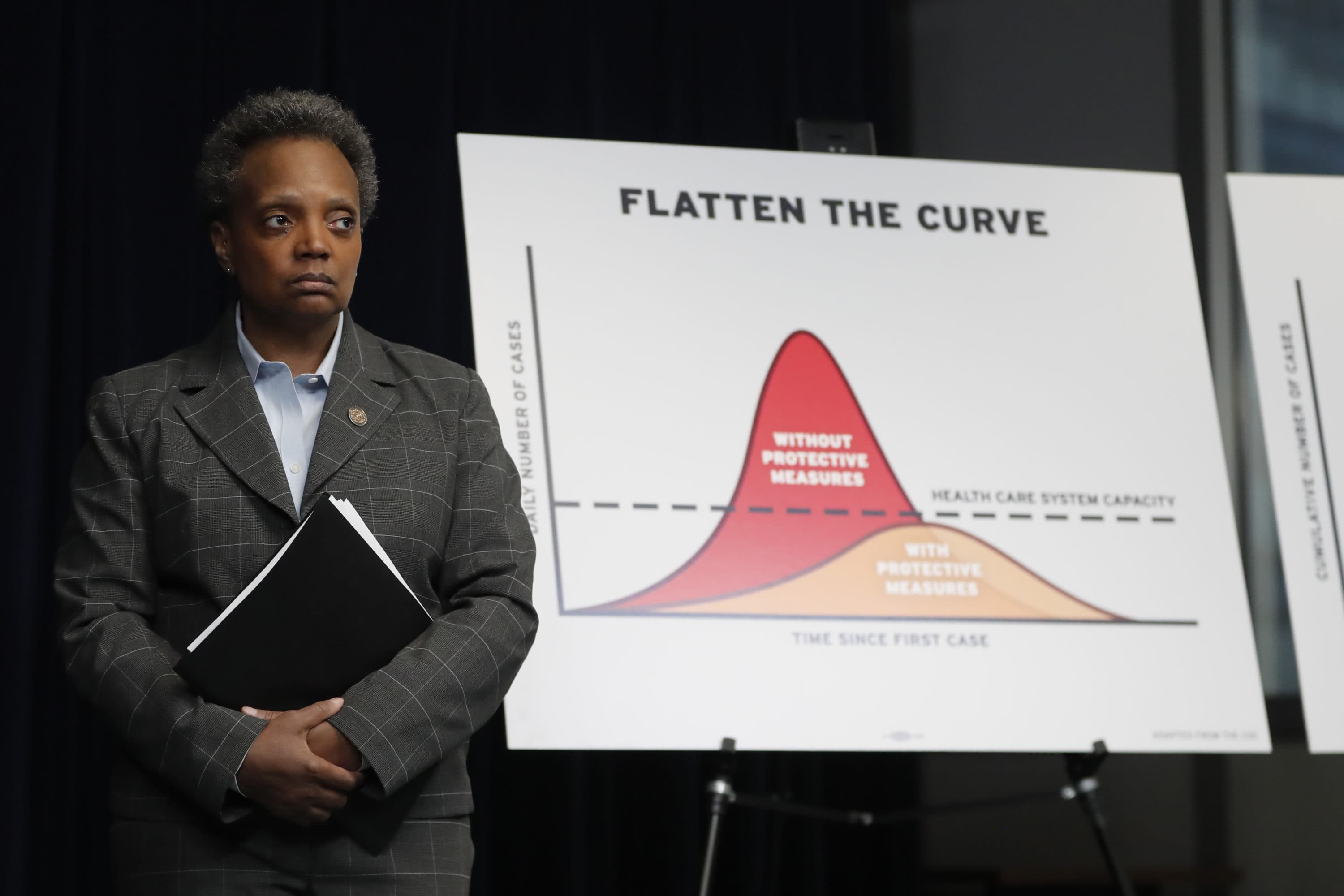 Chicago Mayor Lori Lightfoot attends a news conference where Illinois Gov. J.B. Pritzker announced a shelter in place order to combat the spread of the Covid-19 virus, Friday, March 20, 2020, in Chicago. (Charles Rex Arbogast/AP)