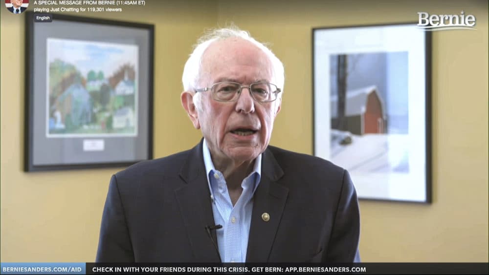 This image from video provided by the Bernie Sanders presidential campaign shows Sen. Bernie Sanders, I-Vt., as he announces he is ending his presidential campaign (Bernie Sanders for President via AP)