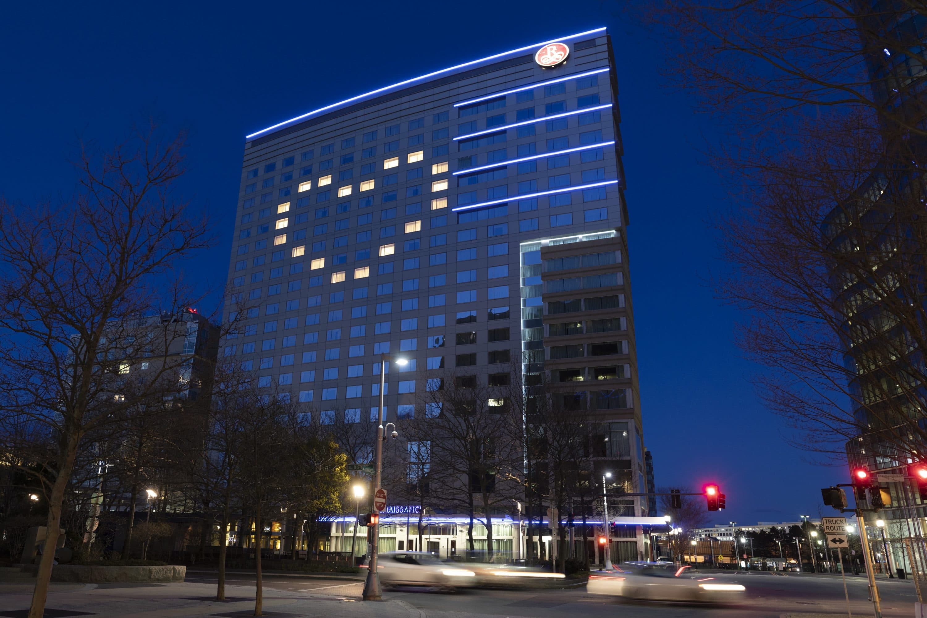 As part of a campaign by the Greater Boston Convention and Visitors Bureau, hotels around Boston lit up their windows in heart shapes to show appreciation to those "on the front lines" of the coronavirus response. Here, the Renaissance Boston Waterfront Hotel on April 11. (Michael Dwyer/AP)