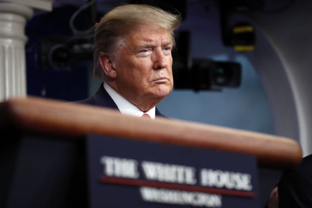 President Donald Trump listens during a briefing about the coronavirus in the James Brady Press Briefing Room at the White House, Monday, April 13, 2020, in Washington. (Alex Brandon/AP)