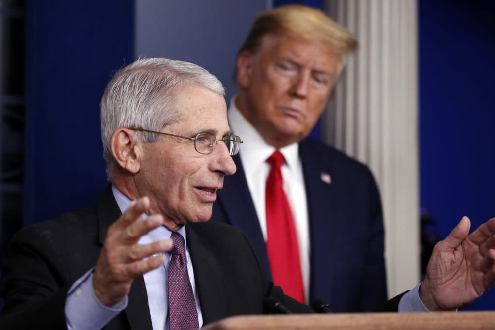 On April 22, 2020, President Donald Trump watches as Dr. Anthony Fauci, director of the National Institute of Allergy and Infectious Diseases, speaks about the coronavirus. After weeks of near-daily plugs for the use of hydroxychloroquine to help treat COVID-19 patients, Trump and the White House abruptly stopped discussing the drug a week ago. His promotion of the drug, based on isolated reports and instinct, frequently put him at odds with medical professionals, including Fauci, the nation's top infectious disease expert, who said evidence for the efficacy of the drug for COVID-19 patients was &quot;anecdotal.&quot; (Alex Brandon/AP)