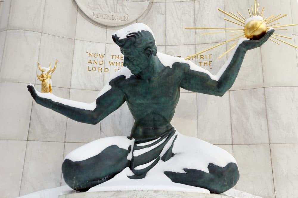 The Spirit of Detroit statue is shown covered in snow in 2014. (Paul Sancya/AP)