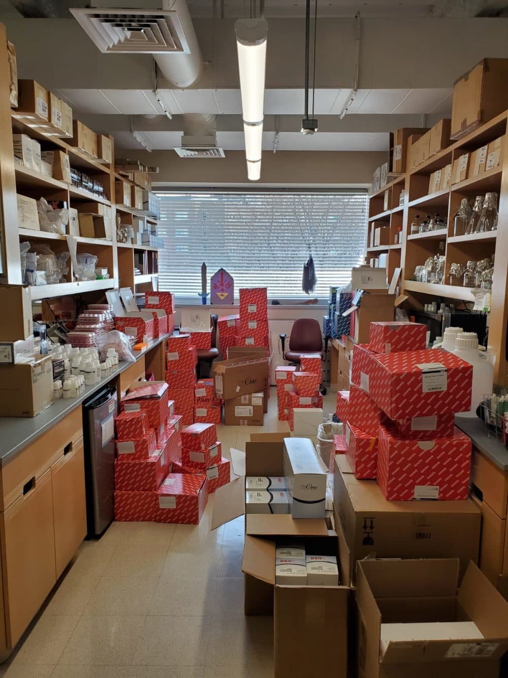 Supplies donated to BU's coronavirus testing center. Photo by Todd Dowry