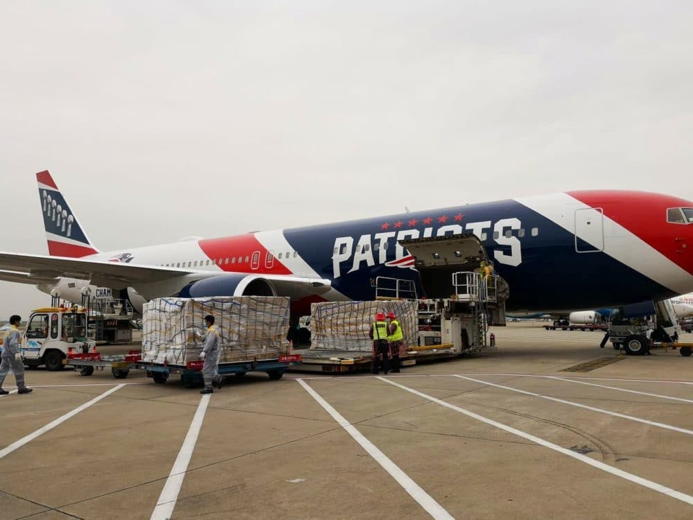 The Patriots plane is being used to help transport N95 masks from China to Boston. (Courtesy Gov. Charlie Baker via Twitter)