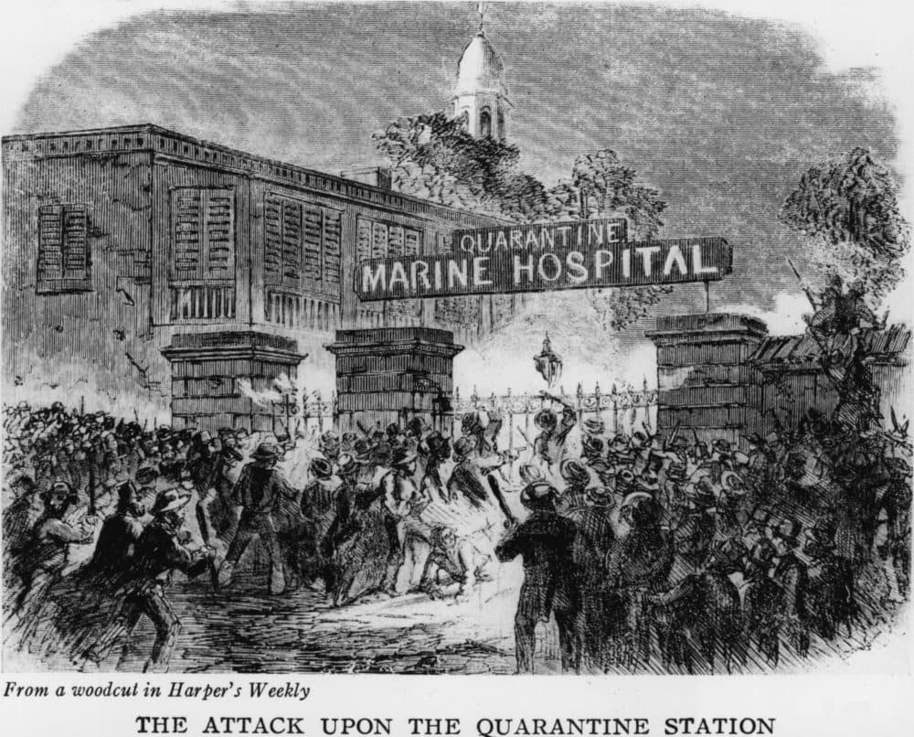 A mob attacking the Quarantine Marine Hospital in New York because they believed that its use was responsible for the numerous yellow fever epidemics. (Hulton Archive/Getty Images)