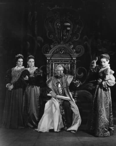 English actor and producer John Gielgud on the throne in a production of Shakespeare's 'King Lear'. (Gordon Anthony/Getty Images)