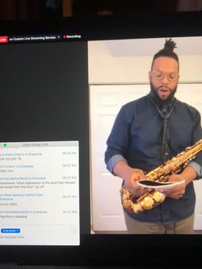 Musician Tim Hall recites a poem during a virtual open mic. (Cristela Guerra/WBUR)