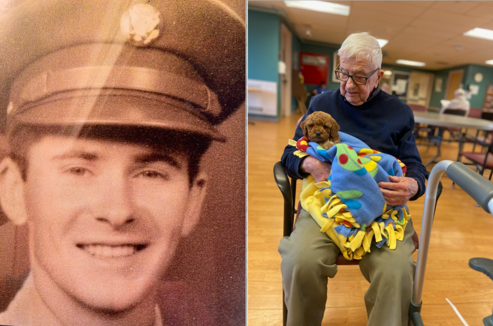 John MacKay. Left: As a soldier in WWI; Right, recently in the Solders' Home. (Courtesy of Maura Fierro)
