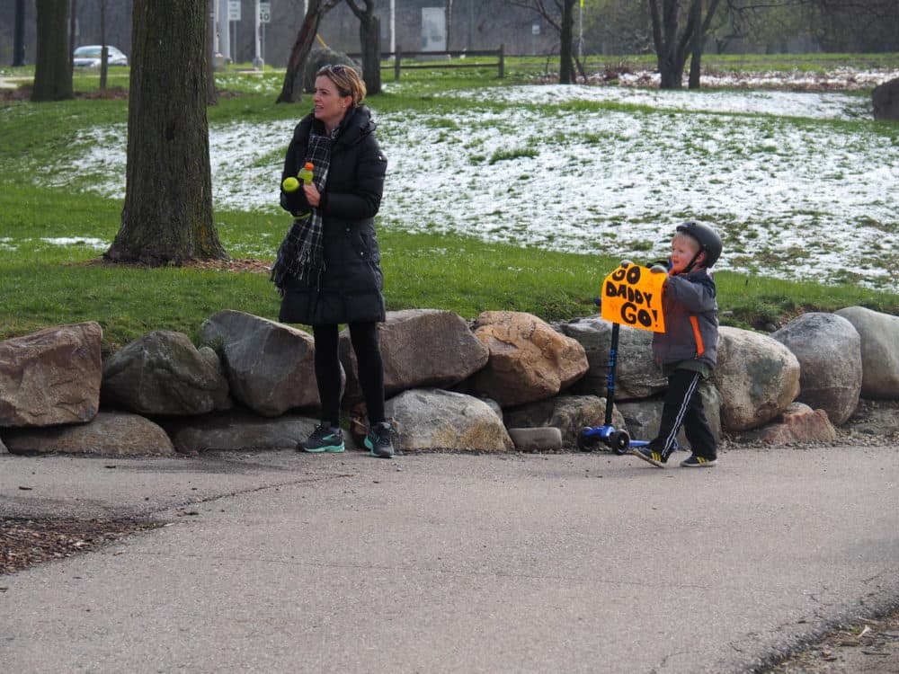 John's wife, Christie, and his son, Teddy, waited for John at the finish line. (Courtesy John U. Bacon)