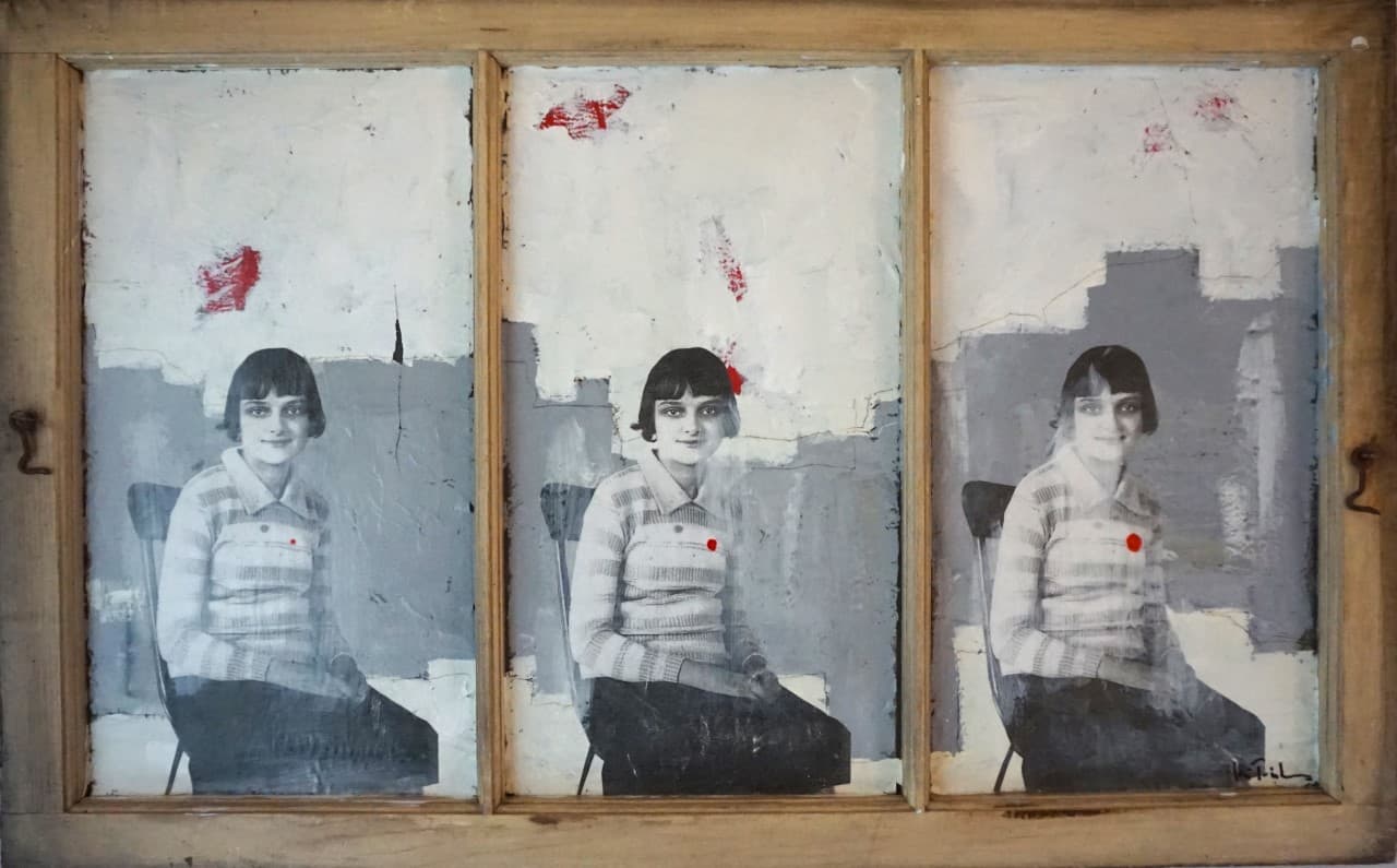 "Plain Girl," mixed media on a reclaimed window, by the author, a visual artist. (Courtesy)