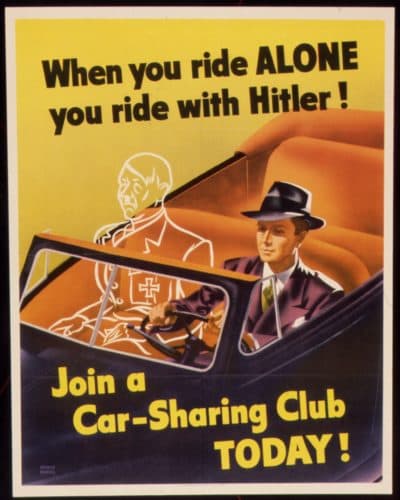 A government poster urging Americans to carpool during World War II. The image was designed by the famous art deco illustrator Weimer Pursell in 1943. (Courtesy of National Archives)
