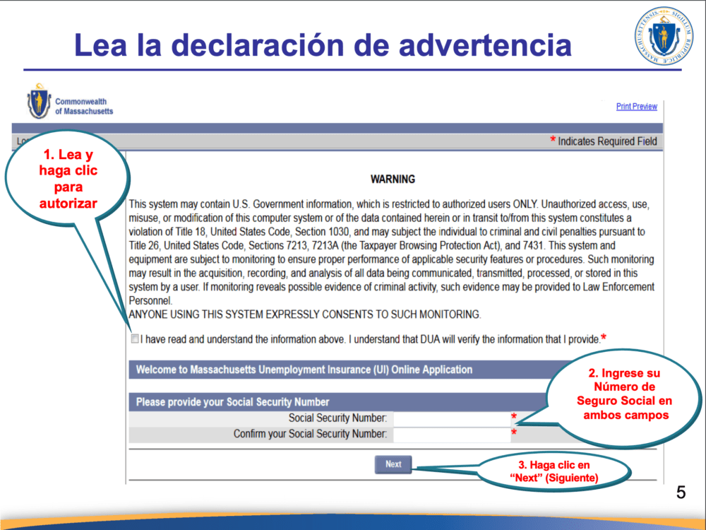 The Department of Unemployment Assistance offers this document to help Spanish speakers navigate the online application platform. (Screenshot via DUA)