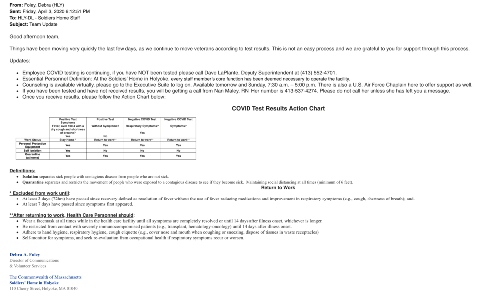 An email from Debra Foley, the communications director of the state-run Holyoke Soldiers' Home, outlining the “action chart” for staff. (Click to enlarge)