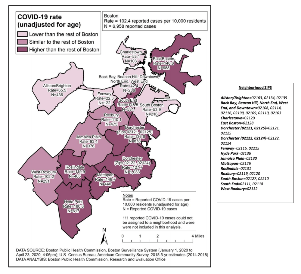 A chart showing a comparison of reported COVID-19 cases by Boston neighborhood. Data used is from January 1, 2020 to April 23, 2020. (Courtesy of the Boston Public Health Commission)