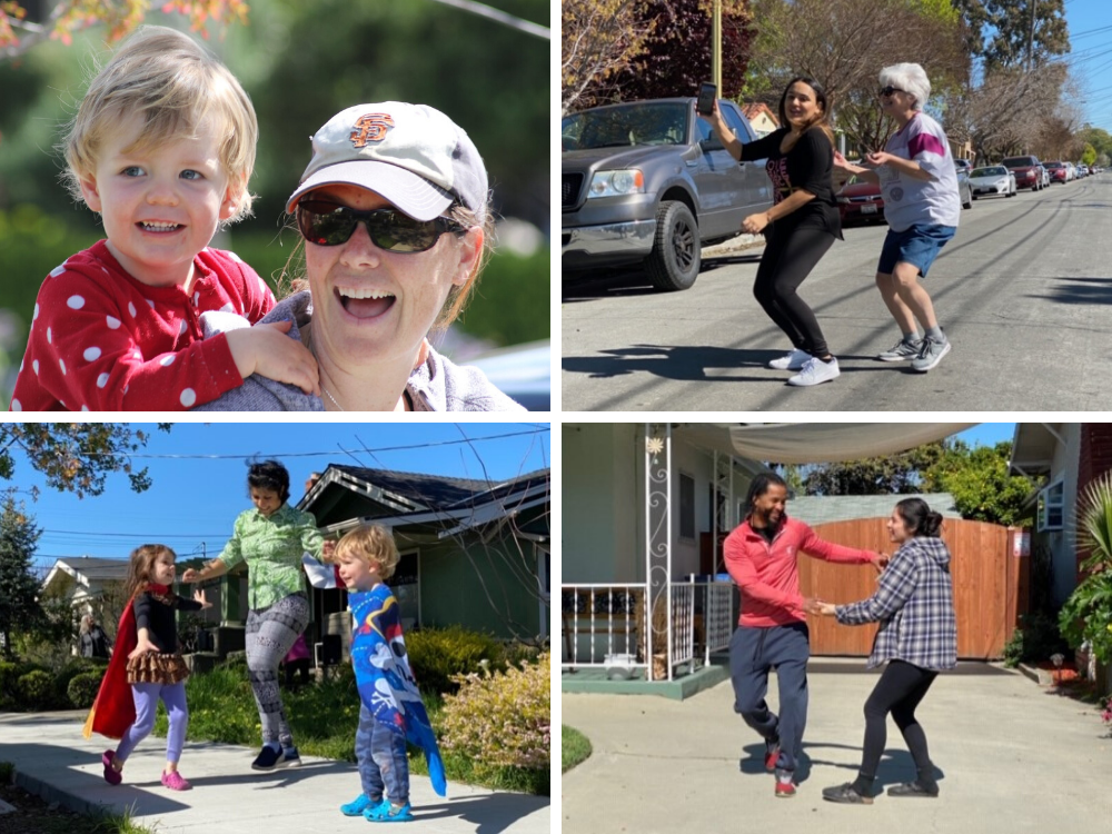 Moments from Shelly Glennon's daily Social Dis-Dancing hours in San Jose, Calif. (Courtesy Shelly Glennon, pictured with her son, Toby, top left)