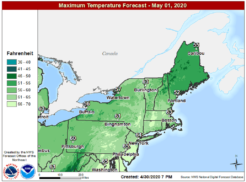 Highs today will reach the lower 60s, more typical of mid-spring. (Courtesy NOAA)